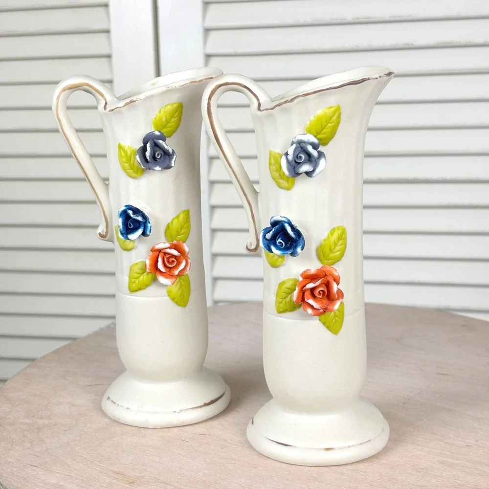 UCGC 60s Cream Capodimonte Vase Pair Orange Cobalt Blue Floral Pitcher MCM Decor